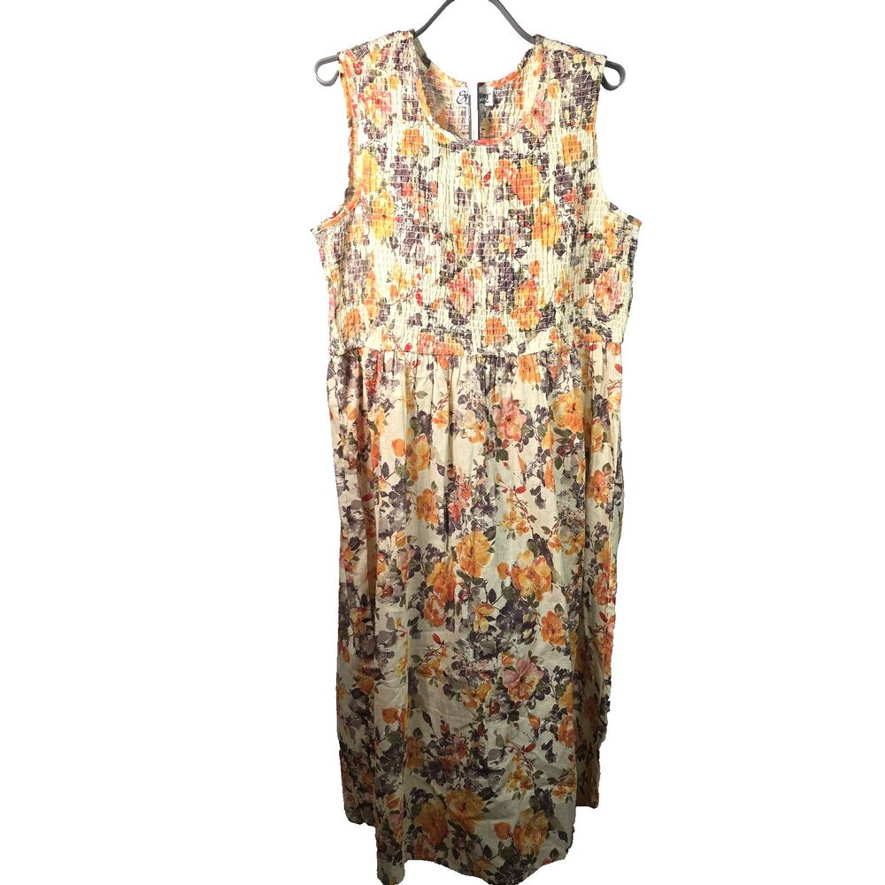 Expressions 1X Floral Midi Dress 100% Cotton Smocked Sleeveless Boho Cottagecore